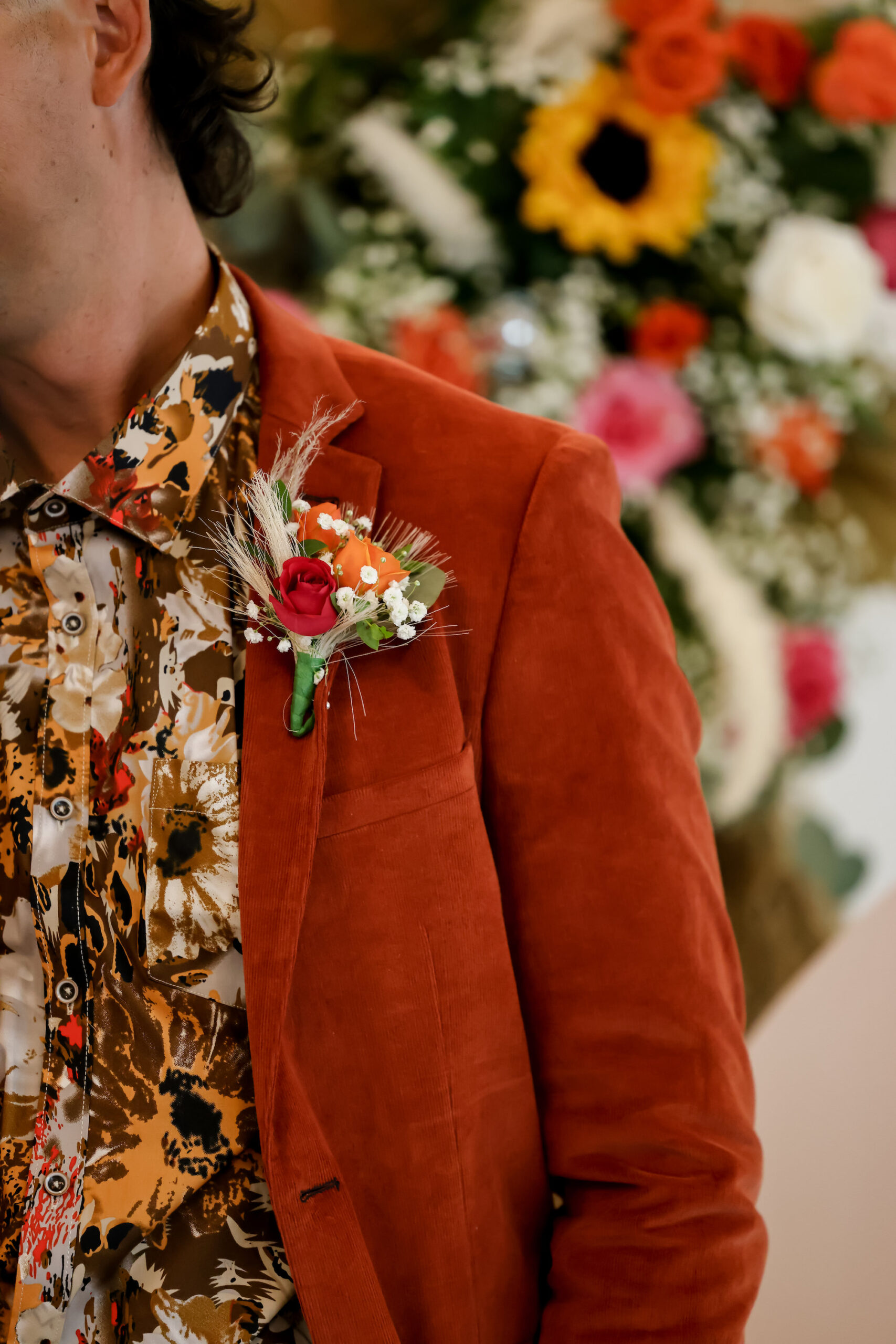 Boho Retro Vintage Rust Orange Terracotta Groom Wedding Suit with Retro Floral Button Down Shirt Inspiration