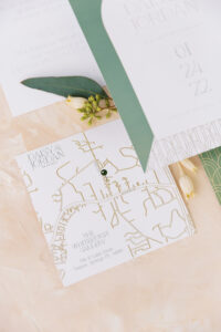 Vintage Green and Gold Old Hollywood 1920s Gatsby Inspired Wedding Invitation Suite with Venue Map for The Whitehurst Gallery