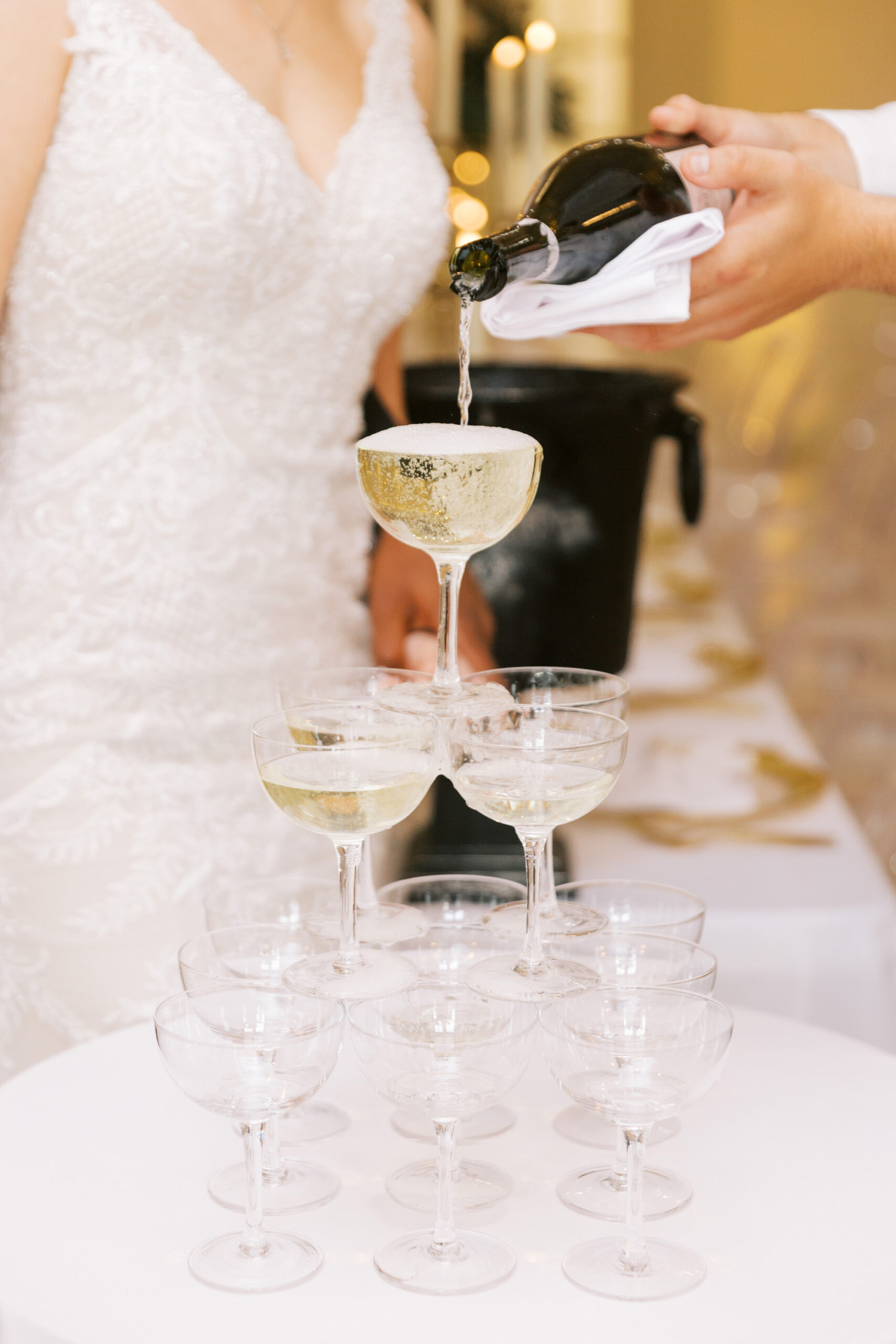 Champagne Tower at Vintage Old Hollywood Gatsby Inspired Wedding Reception