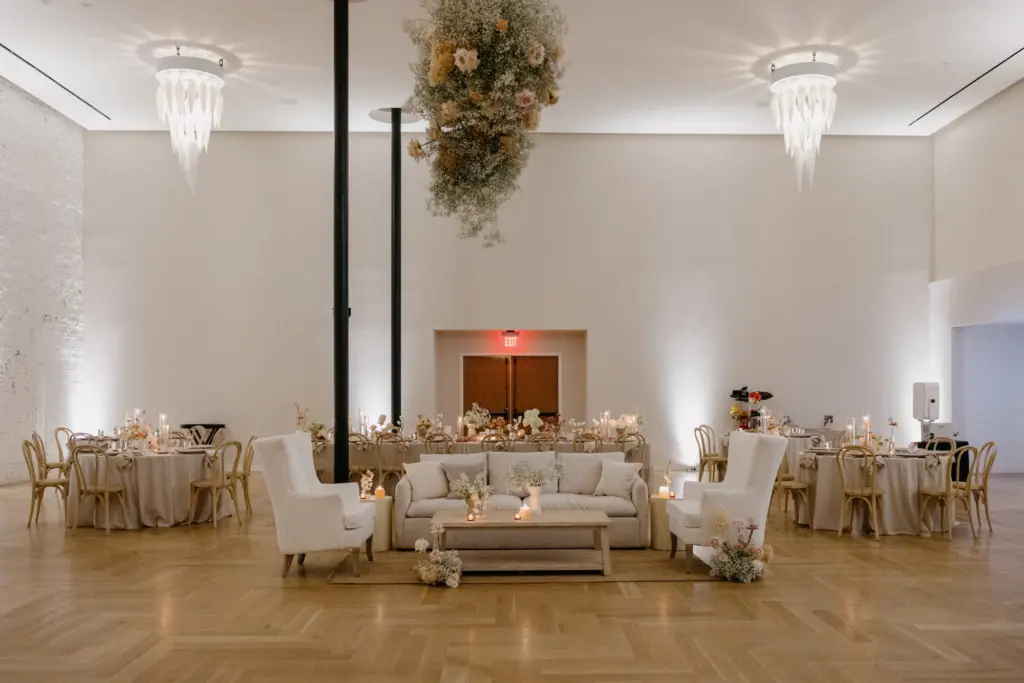 White and Beige Lounge Seating Ideas for Wedding Reception | Floral Chandelier with Baby's Breath and Roses | Tampa Wedding Venue Hotel Haya