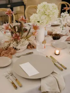 Romantic Boho Beige and Cream Wedding Reception with Pink and White Floral Centerpieces | Neutral Table Setting Ideas