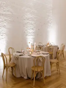 Romantic Boho Vintage Pastel Beige and Cream Wedding Reception Inspiration | White Brick Wall in The Valencia Ballroom | Venue Hotel Haya
