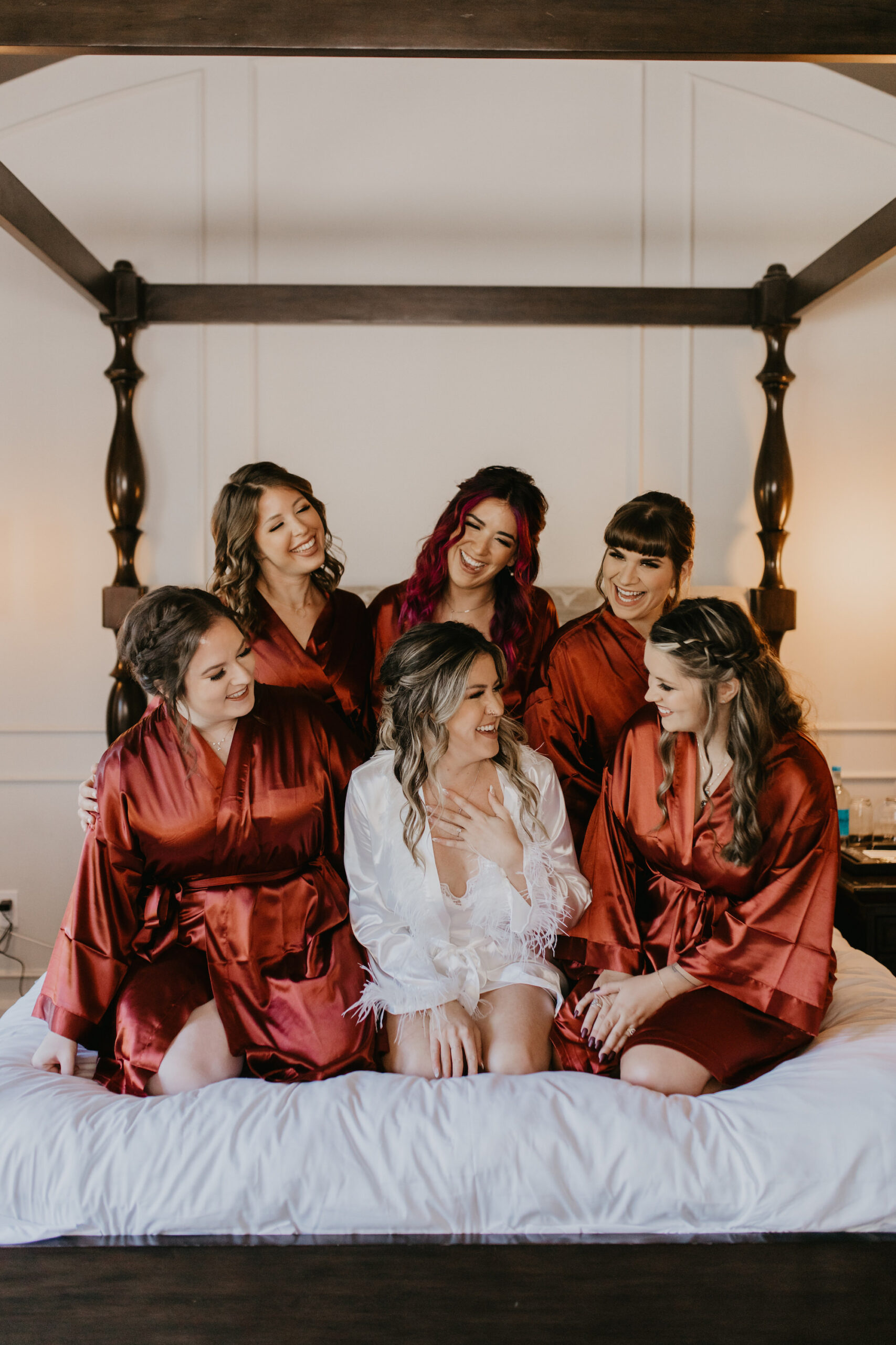 Brides and Bridesmaids Getting Ready Wedding Portrait in Rust Terracotta Robes