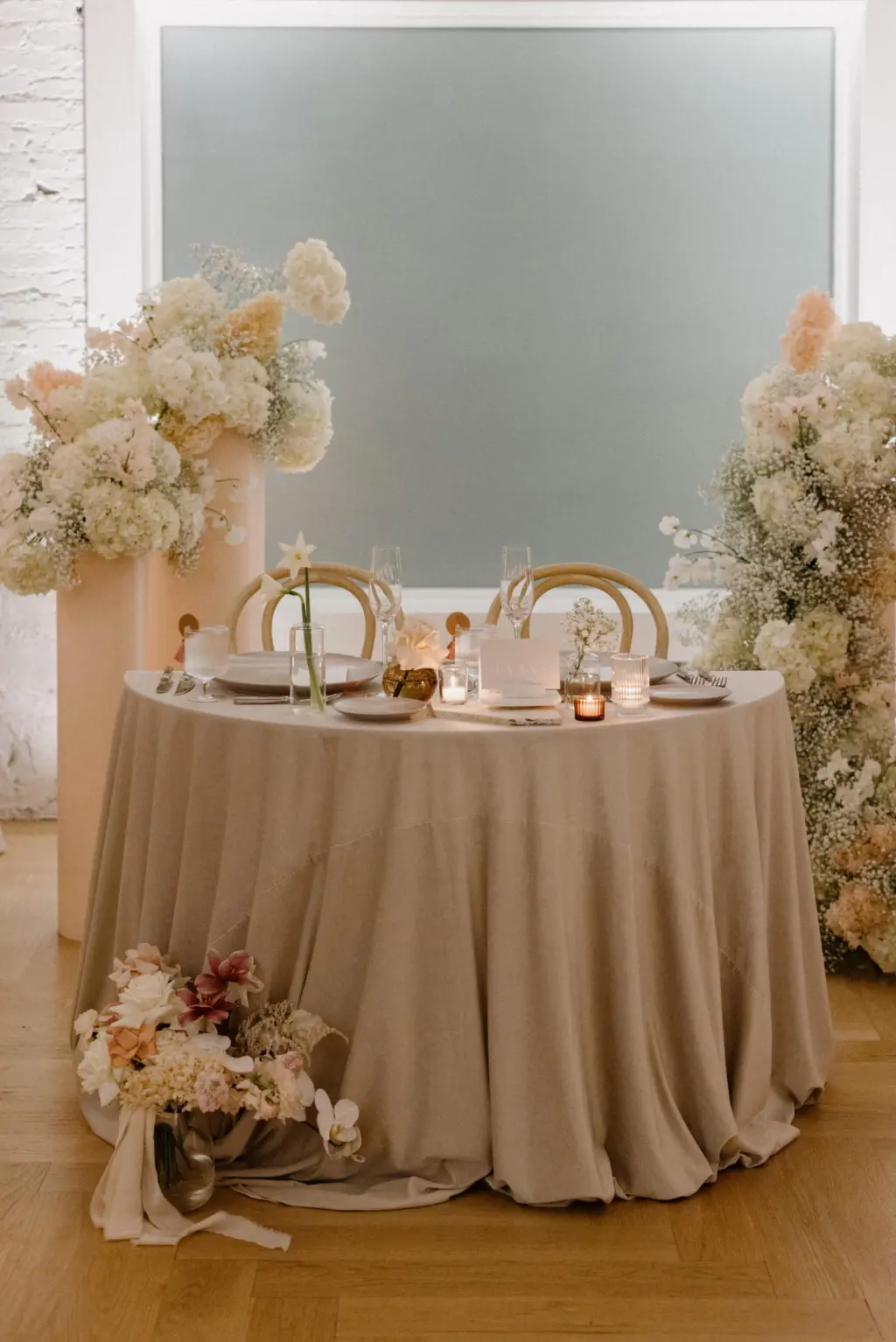 Romantic Boho Vintage Pastel Beige and Cream Wedding Reception Sweetheart Table Inspiration