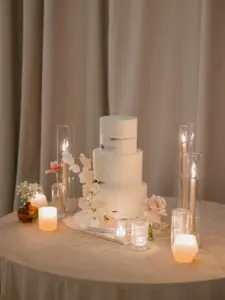 Simple Minimalist Three-Tiered Semi-Naked White Round Wedding Cake with Blush Pink Flowers