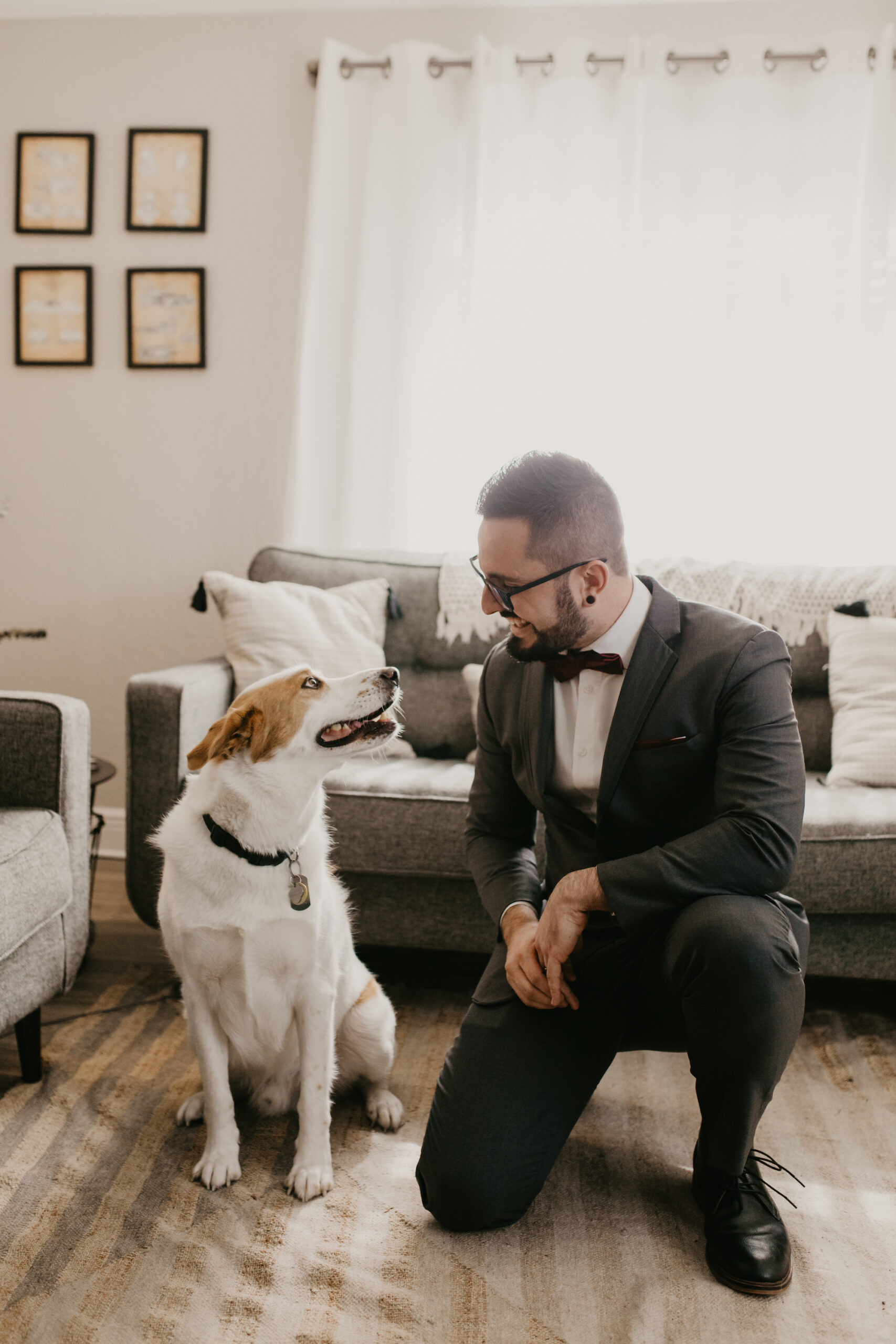 Groom and Dog Getting Ready Wedding Portrait