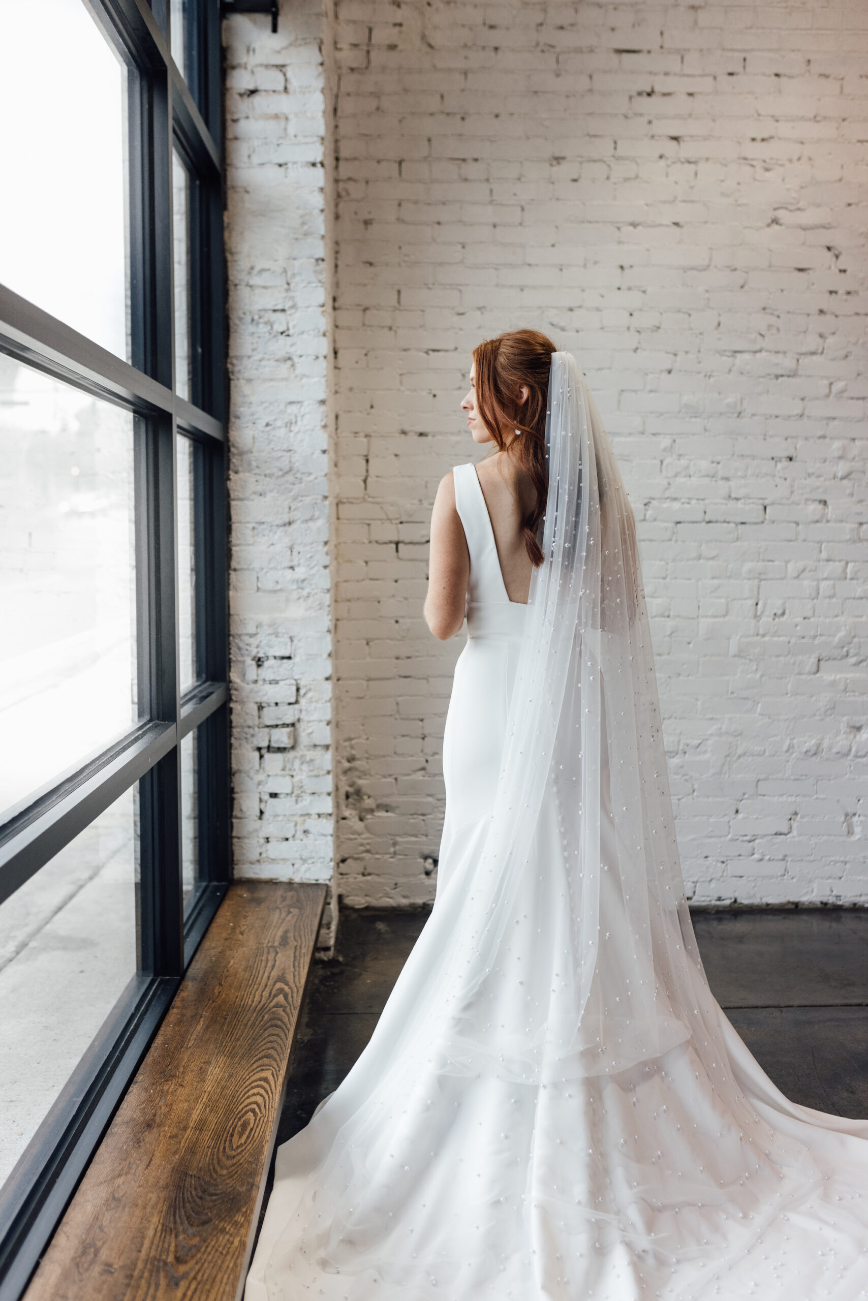 Ivory Deep V-Neckline Open Back Fit And Flare Chapel Length Train Wedding Dress With Floor Lenth Veil