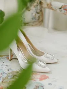 Classic Badgley Mischka White Pointed Toe Wedding Shoe with Crystal Buckle