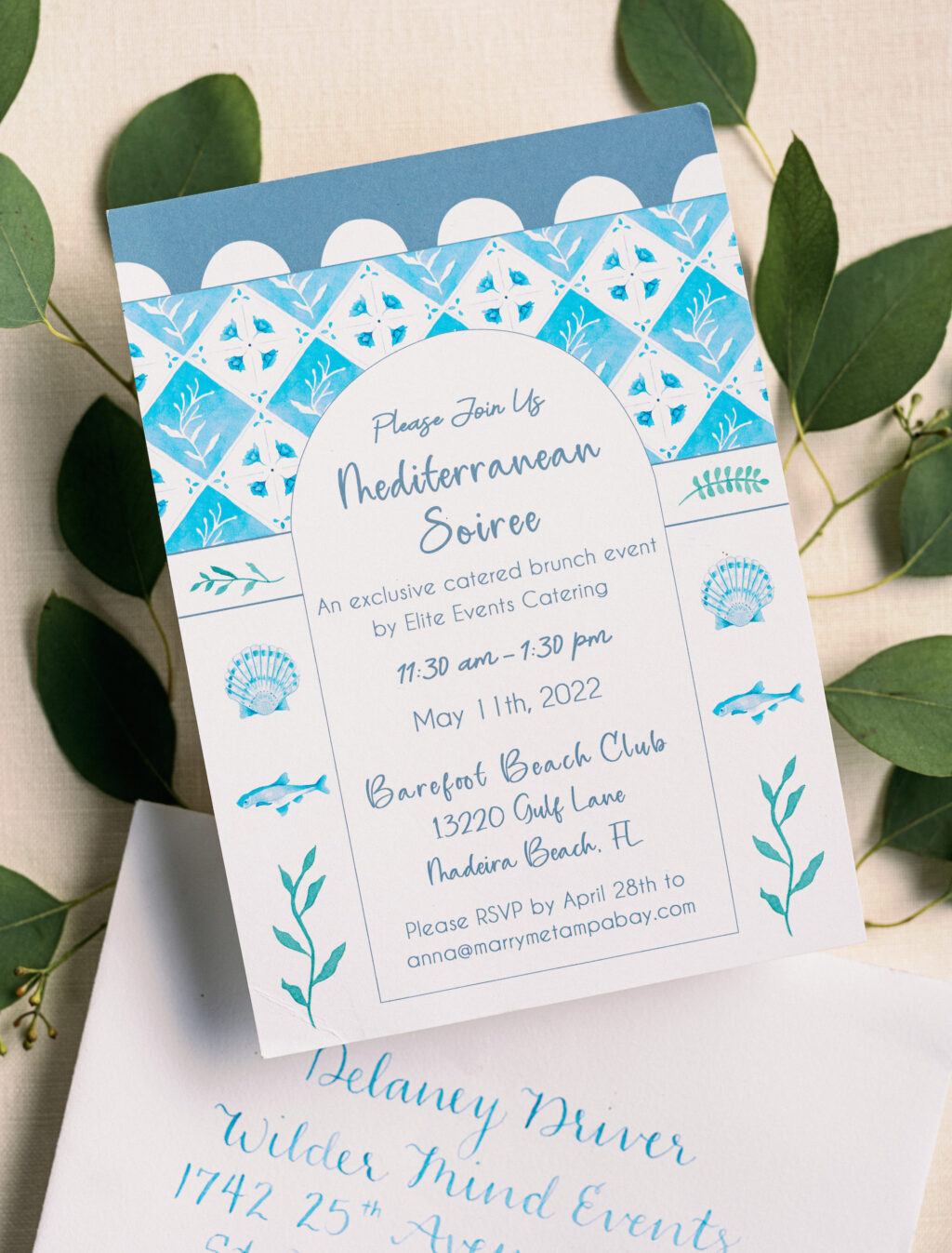 Blue Mediterranean Coastal Invitation | Tampa Bay Wedding Stationery Sadgebrush Designs 