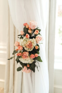 Pink Blush Garden Rose and White Spray Rose with Greenery Wedding Ceremony Arch Floral Arrangement | White Sheer Drapery