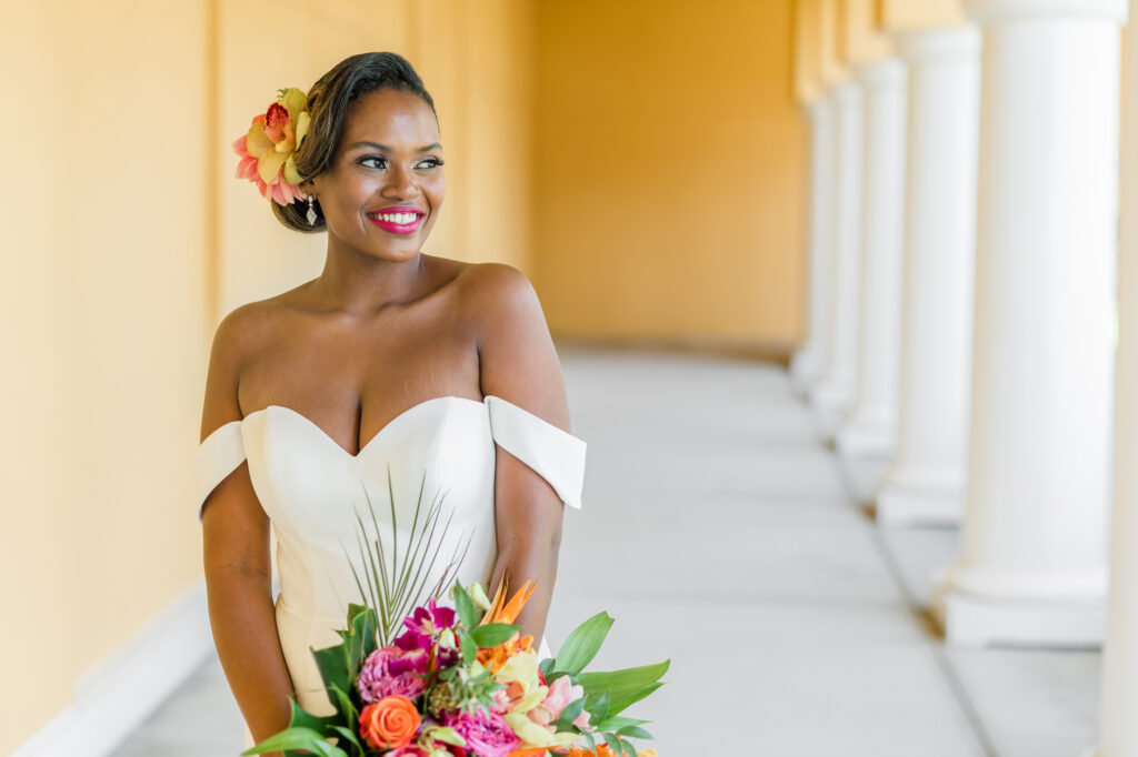 Bridal Glamour Shot Wedding Portrait | Orange, Purple, Pink, and Yellow Bouquet | Tampa Bay Hair and Makeup Artist Michele Renee The Studio | Florist Save the Date Florida