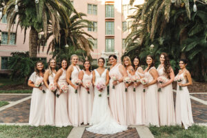 Bridal Party Wedding Portrait | Mismatched Blush Cream Bridesmaids Dresses