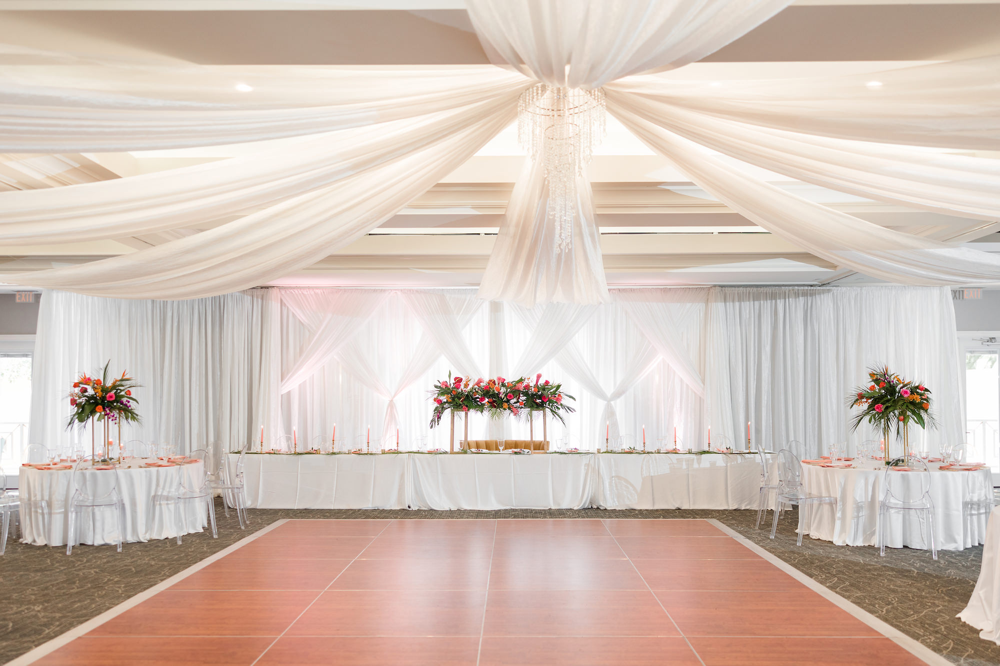 Romantic Tropical Ballroom Wedding Reception White Ceiling Drapery | Tampa Bay Wedding Venue Tampa Palms Golf & Country Club | Wedding Planner Kelci Leigh Events | Florist Save the Date Florida