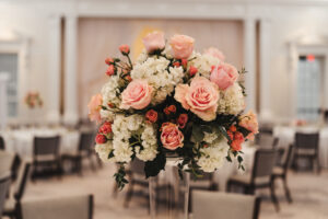 Blush Pink Roses with White Hydrangeas | Tall Clear Vase Centerpiece Ideas