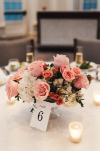 Blush Pink Roses with White Hydrangeas Wedding Reception Centerpieces | Classic Table Number Sign Ideas
