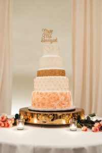Five-Tiered Pink, White, and Gold Wedding Cake | Gold Cake Stand | Personalized Gold Cake Topper