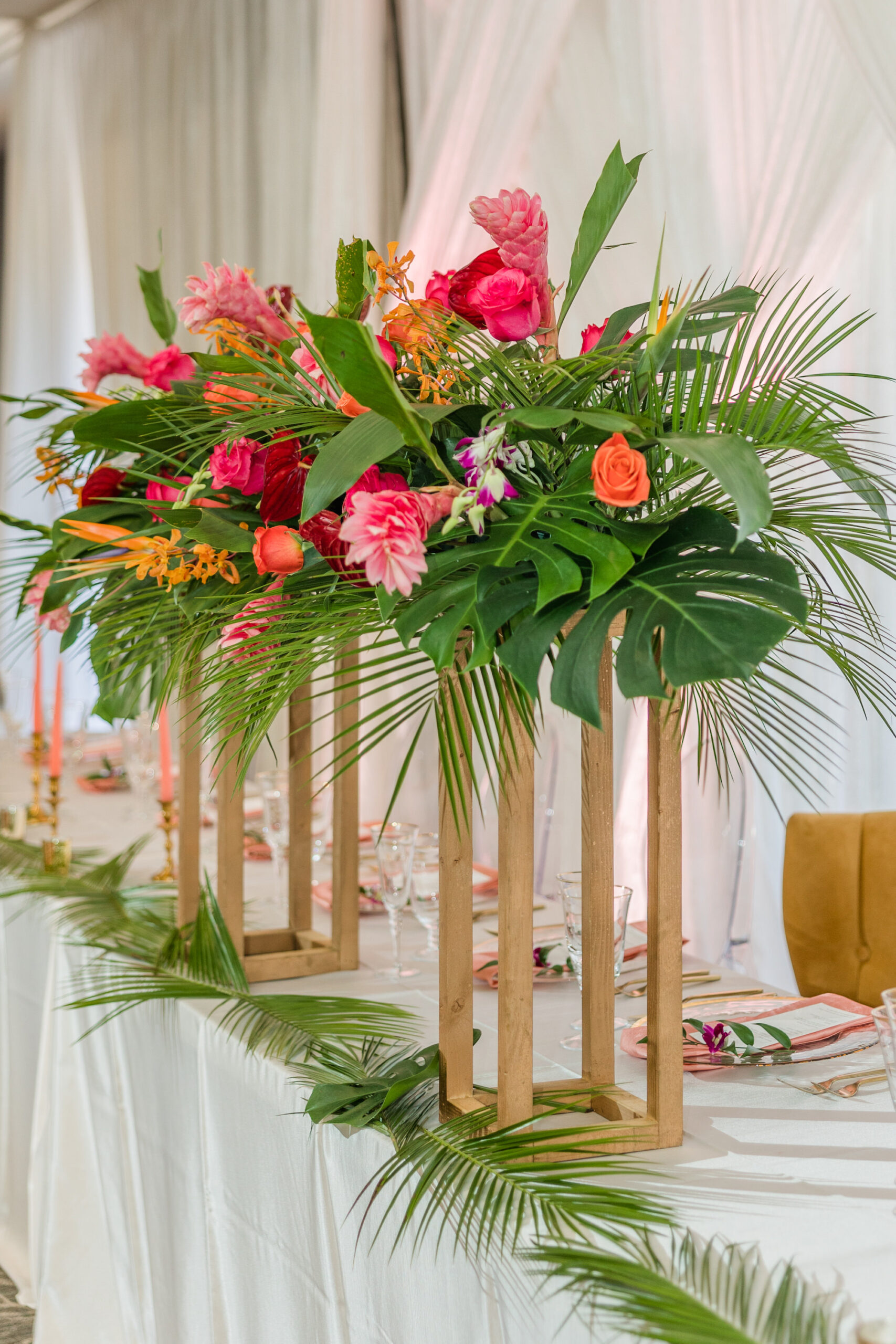 Tropical Wooden Tall Floral Vase Wedding Reception Centerpiece Ideas | Tampa Bay Florist Save the Date Florida