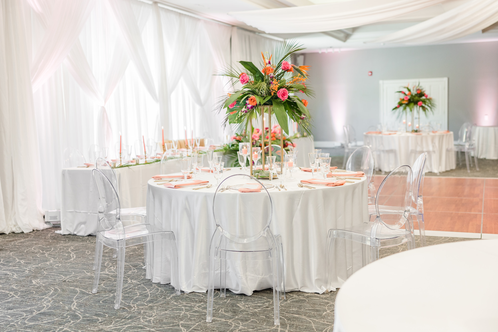 Tropical Pink and Orange Wedding Reception Centerpiece Ideas | Tampa Bay Rentals A Chair Affair | Venue Tampa Palms Golf and Country Club | Florist Save the Date Florida