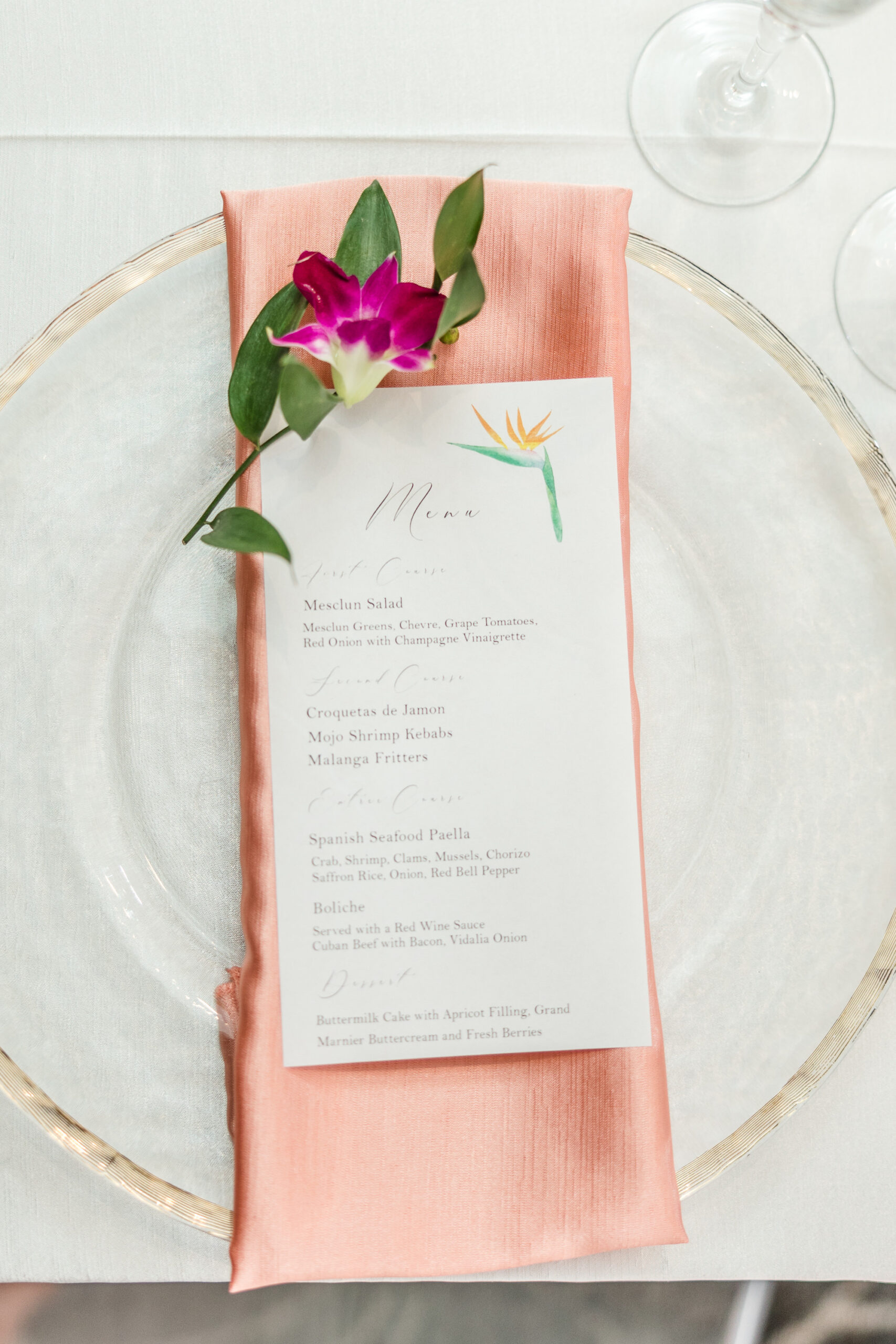 Tropical Wedding Reception Menu with Glass Charger | Tampa Bay Stationery Sadgebrush Designs