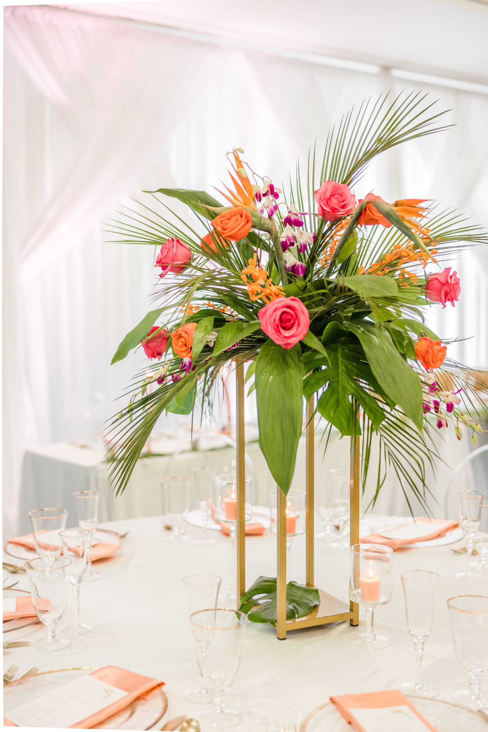 Gold Metal Tall Column Vase Tropical Pink and Orange Floral Centerpiece | Tampa Bay Florist Save The Date Florida