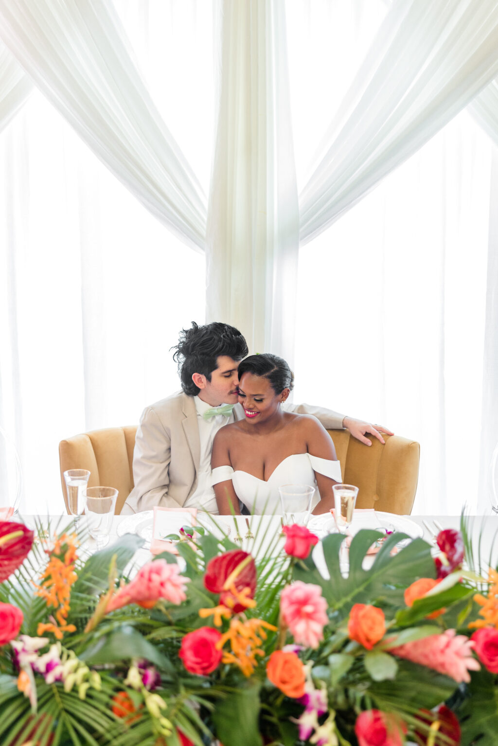 Bride and Groom Romantic Wedding Portrait Tropical Pink and Orange Wedding Reception Inspiration with Long Feasting Head Sweetheart Table | Vintage Loveseat Sofa | Tampa Bay Florist Save the Date Florida | Planner Kelci Leigh EventsTampa Bay Florist Save the Date Florida | Tampa Bay Rental Services A Chair Affair | Tampa Bay Photographer Mary Anna Photography | Videographer Priceless Design Studio