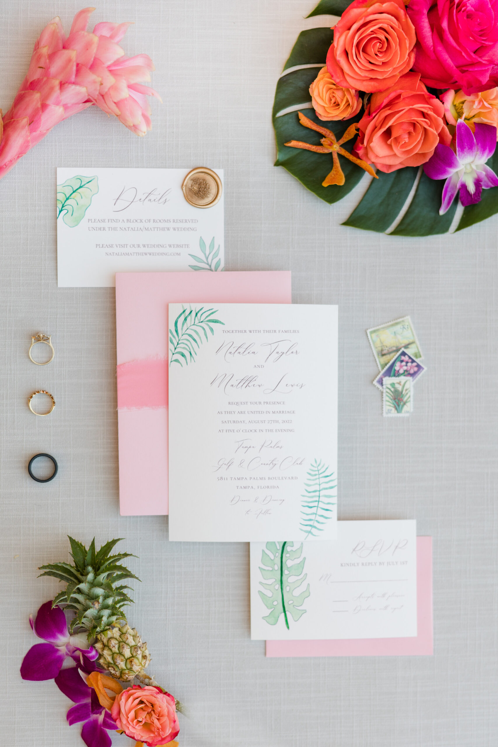 Tropical Pink and Green Wedding Invitation Suite Ideas | Tampa Bay Stationery Sadgebrush Designs