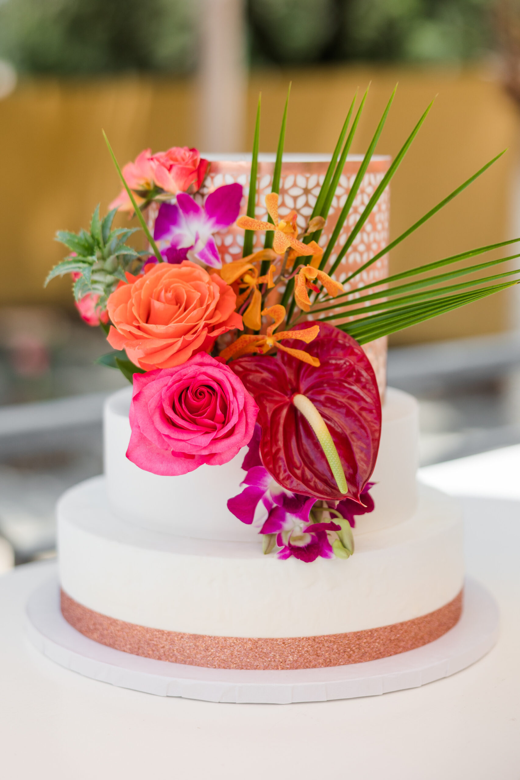 Three-Tiered Round Vibrant Pink and Orange Tropical Wedding Cake Ideas