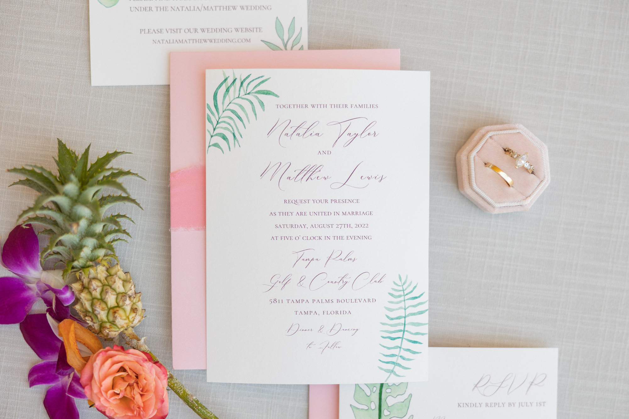 Tropical Pink and Green Wedding Invitation Suite Ideas | Tampa Bay Stationery Sadgebrush Designs