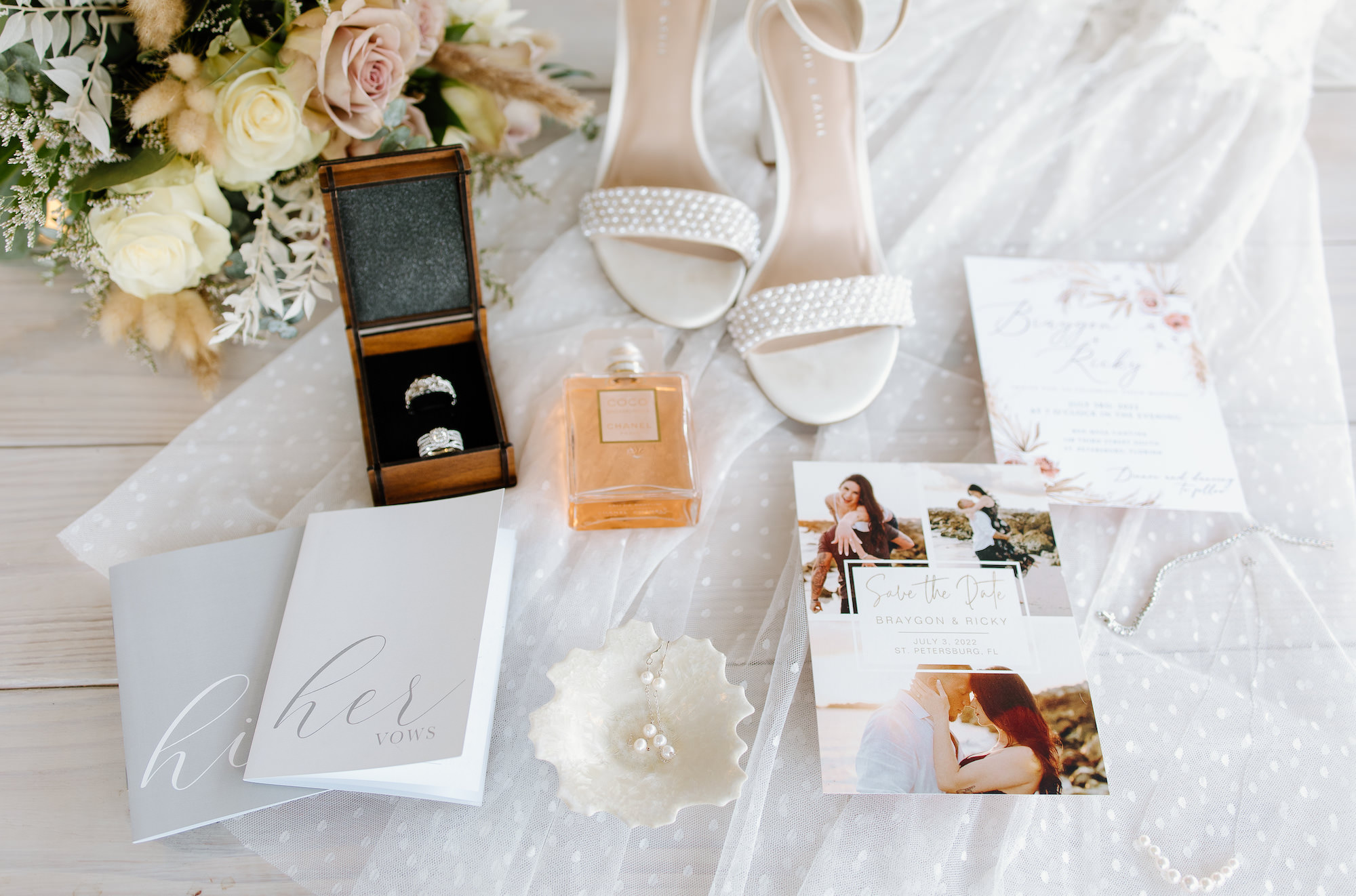His and Her Vow Books | Wooden Wedding Ring Box | White Pearl Wedding Shoes