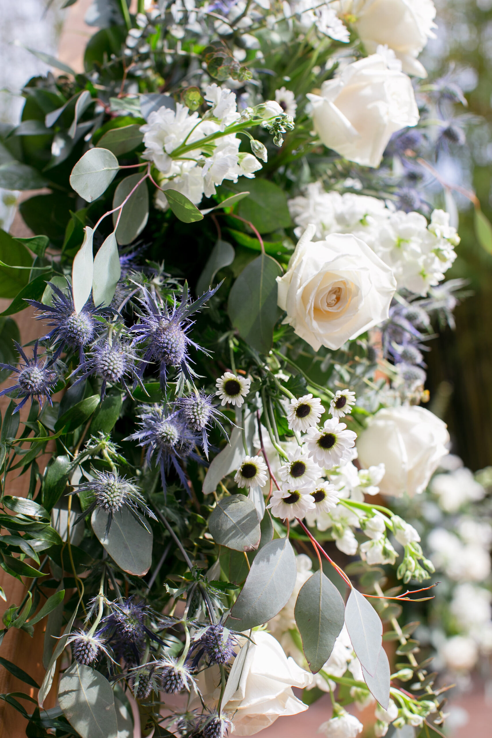 Garden Wedding Decor Ideas | White Roses with Blue Thistle and Eucalyptus Greenery Wedding Ceremony Arch Flower Arrangement Inspiration