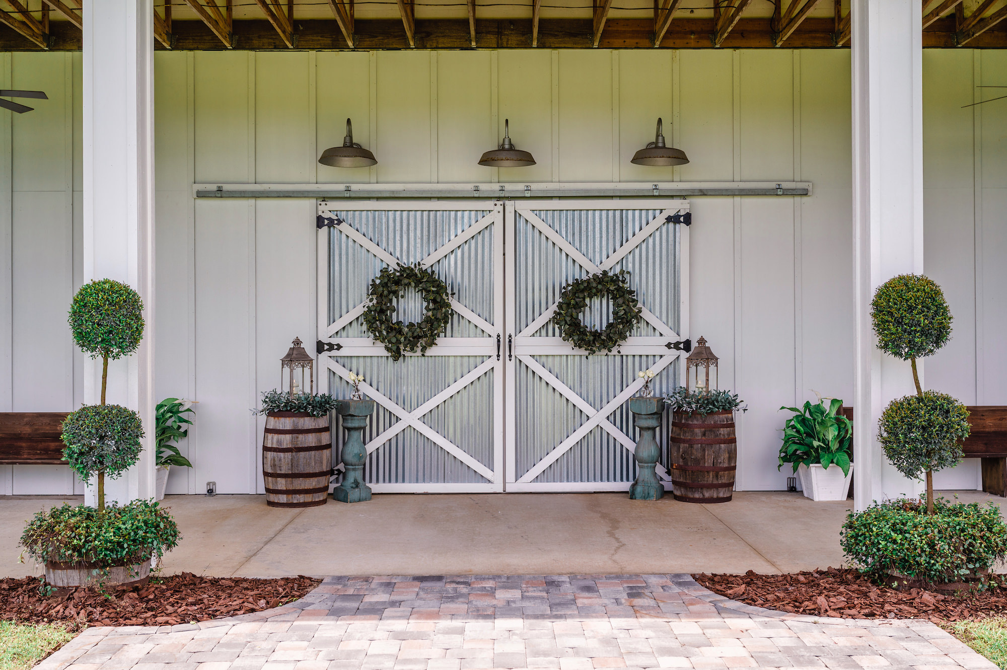 Air-conditioned Barn Wedding Ceremony Reception Entrance | Sliding Barn Doors | Rustic Decor Inspiration