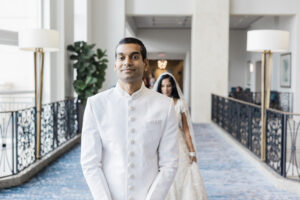 Bride and Groom First Look | Groom's White Indian Wedding Sherwani Ideas