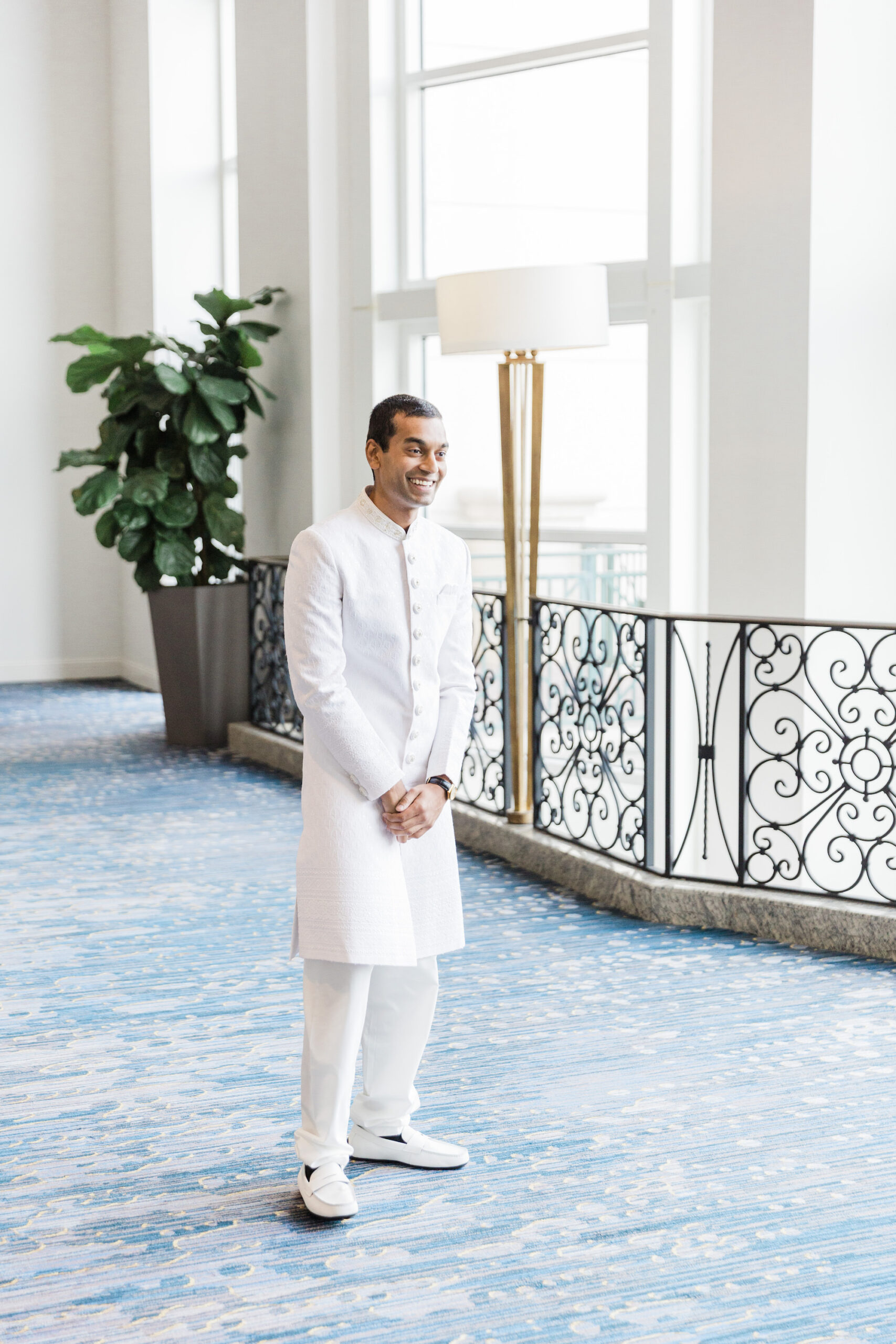 Bride and Groom First Look | Groom's White Indian Wedding Sherwani Inspiration