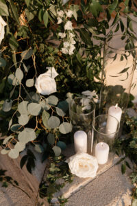 White Roses, Eucalyptus, Ivy, and Ruscus Wedding Greenery Ceremony Altar Decor Ideas