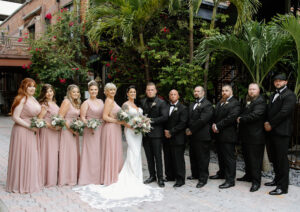 Black and Mauve Wedding Party Inspiration | Mismatched Bridemaids Dresses Inspiration | Groomsmen Black Suits and Bowties Ideas