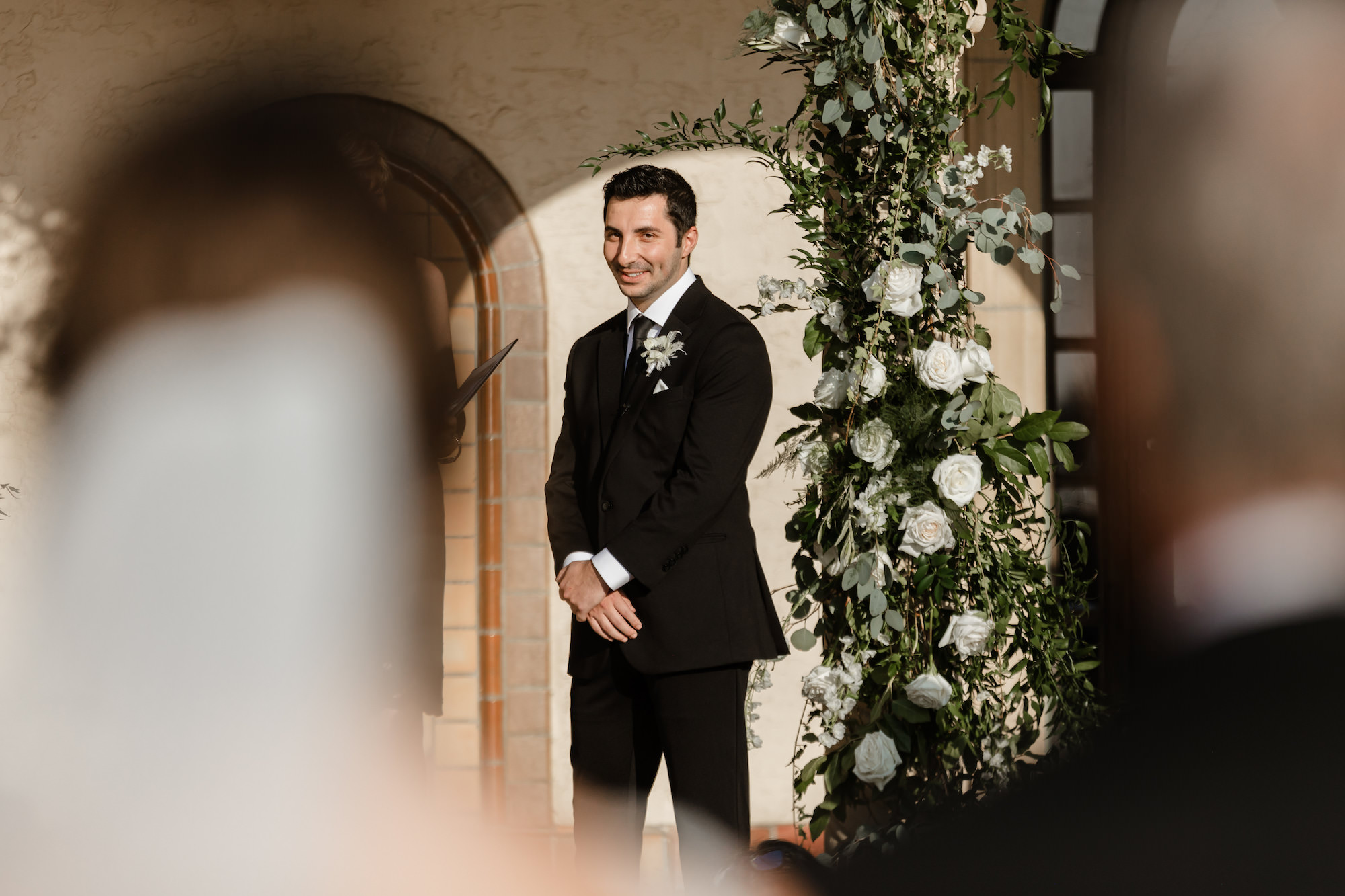 Groom's Reaction to Bride Walking Down Aisle Wedding Portrait | Black Tuxedo Inspiration