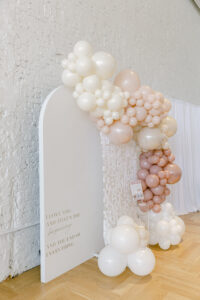 Monochromatic Balloon Arch Wedding Reception Sign Decor Ideas