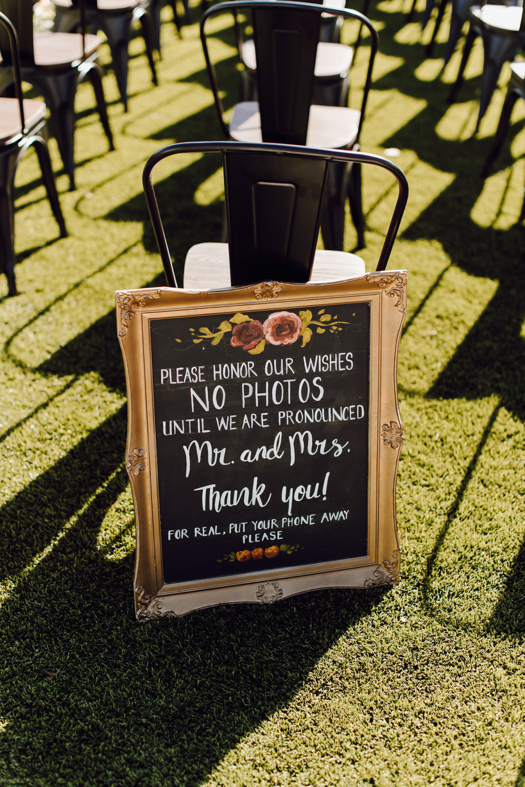 Gold Frame Unplugged Wedding Ceremony Sign Ideas | Modern Black Metal Chairs