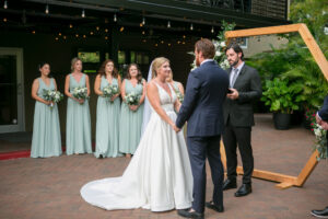 Bride and Groom Wedding Outdoor Bamboo Courtyard Ceremony | Navy Groomsman Suits | Light Sage Green Bridesmaids Dress Inspiration | St Petersburg Venue NOVA 535