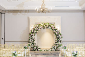Round Wedding Ceremony Arch with Purple and White Flowers and Greenery | Gold Chiavari Chair Seating Ideas | Tampa Bay Indian Wedding Planner Coastal Coordinating