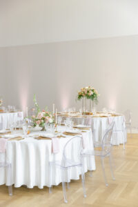 Peach and Blush Pink Boho Summer Wedding Reception Inspiration | Acrylic Ghost Chair Seating Ideas