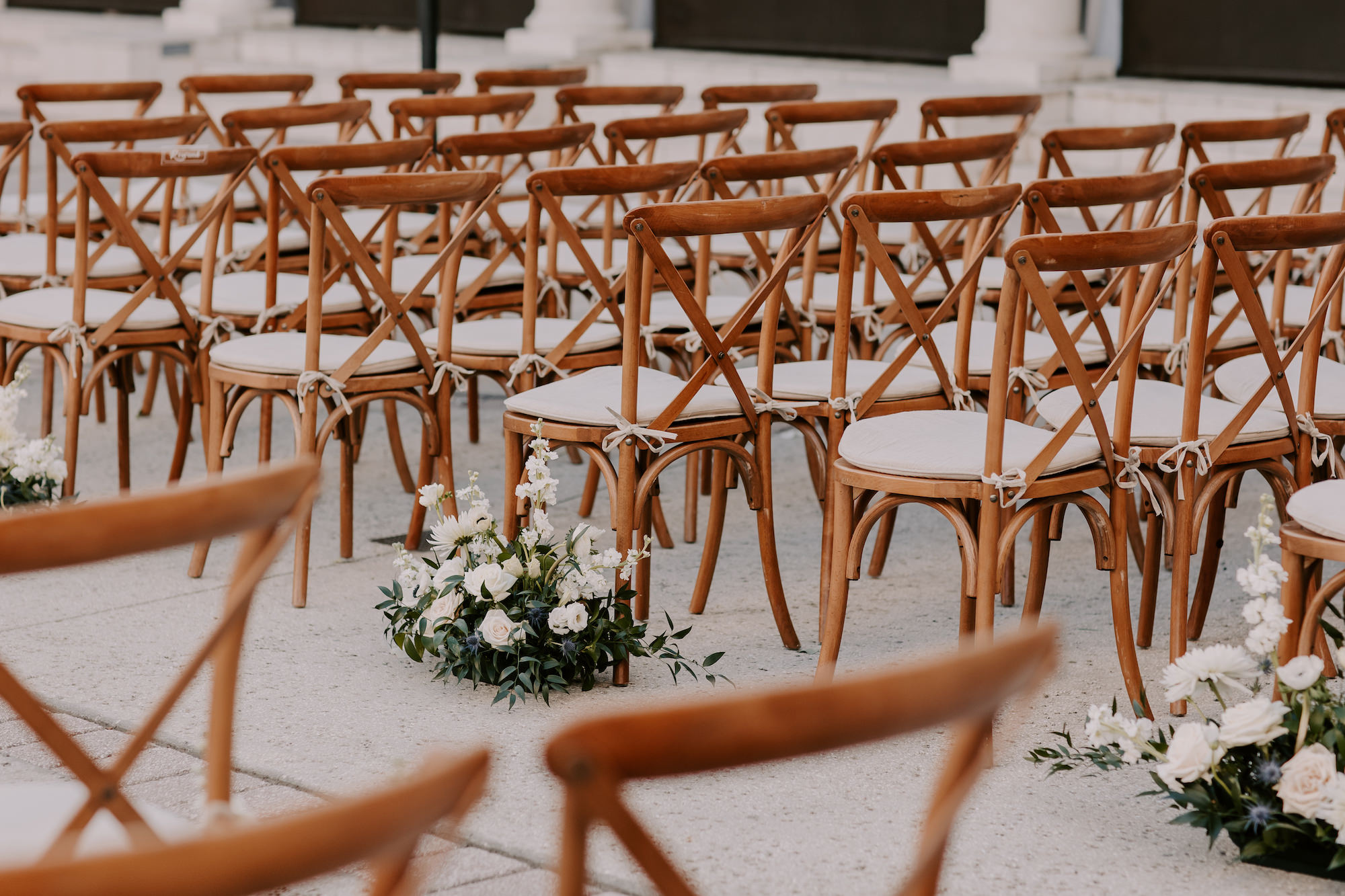 Romantic Wedding Ceremony Aisle Floral Decor Inspiration with Crossback Wooden Chairs