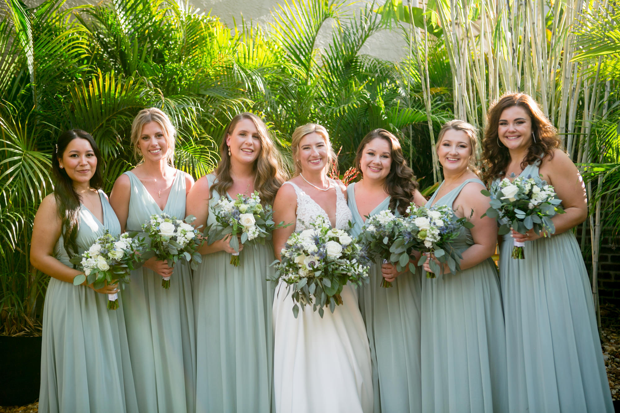 Sage Green Bridesmaids Dress Inspiration | White Roses and Eucalyptus Greenery Wedding Bouquets