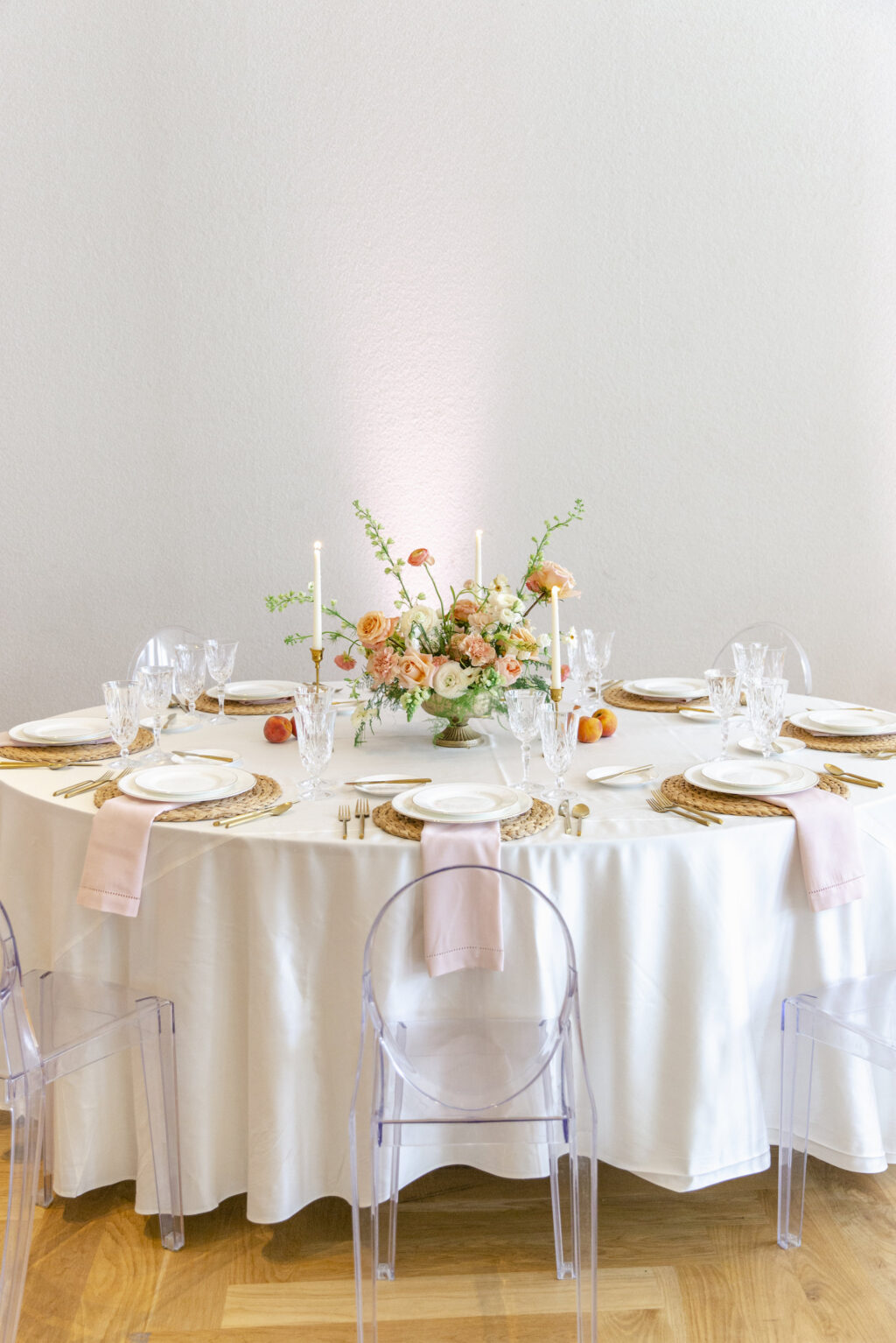 Roses and White Stock Flower Centerpieces | Peach and Blush Pink Boho Summer Wedding Reception Inspiration | Acrylic Ghost Chair Seating Ideas | Tampa Bay Kate Ryan Event Rentals
