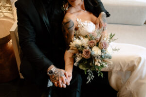 Mauve Rose, Ruscus, Bunny Tail, and Eucalyptus Boho Bridal Wedding Bouquet Inspiration