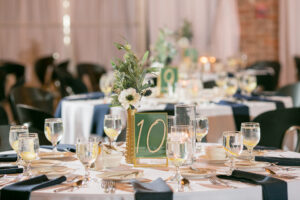 Gold Frame Table Number Sign | White Anenome and Eucalyptus Wedding Reception Centerpiece Ideas