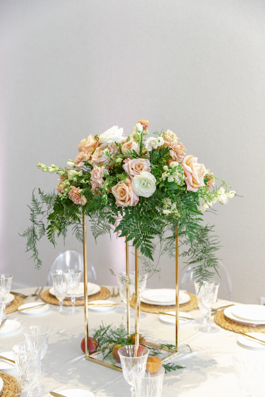 Romantic Tall Gold Stand with Ferns, Greenery, Peach Roses, Fruit Wedding Reception Centerpiece Ideas