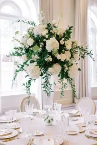 White Floral Tall Centerpieces with Greenery | Classic Timeless Wedding Reception Ideas