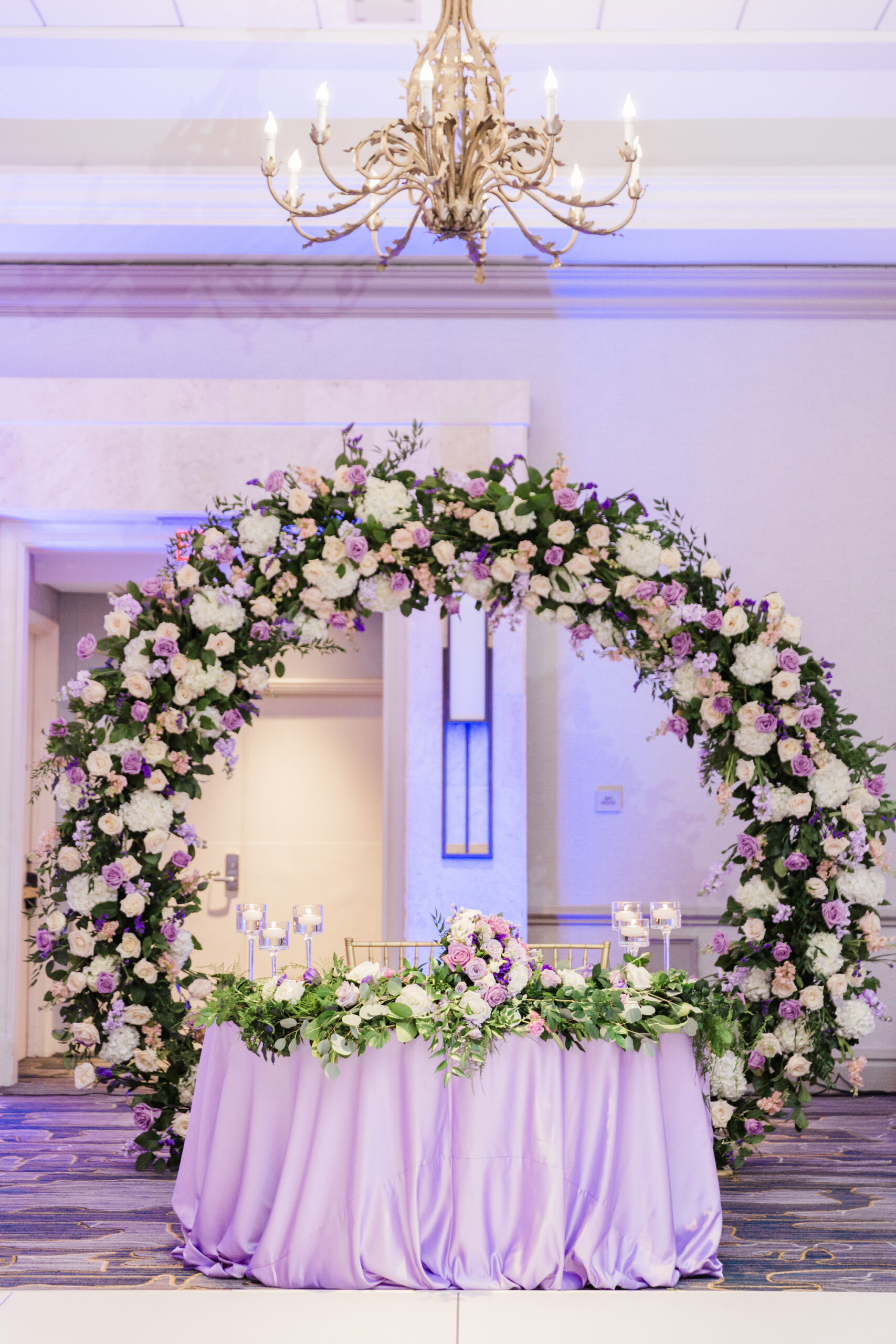 Round Flower Arch Ideas with Purple and Blush Roses, White Hydrangeas, and Greenery | Lavender Linen | Indian Wedding Reception Sweetheart Table Decor Inspiration | Tampa Bay Planner Coastal Coordinating