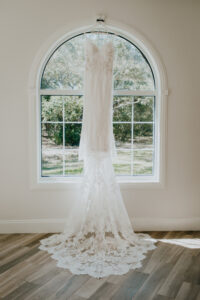 White Ivory V Neckline Lace Fit and Flare Lori Allen Couture Wedding Dress with Cathedral Length Train